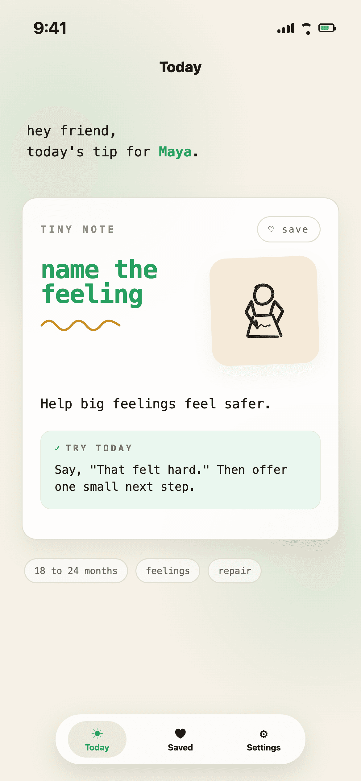 Kindo Today screen showing a daily parenting tip.
